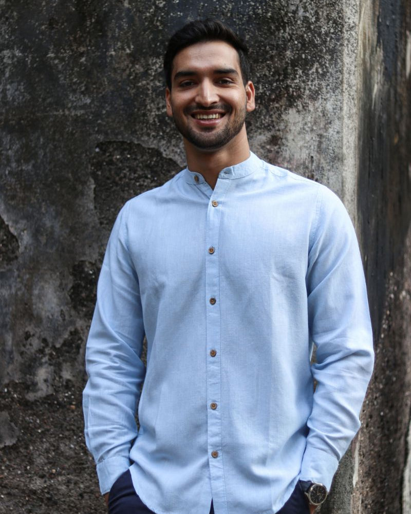 Earthy Route TENCEL- Lyocell Linen Ice Blue Mandarin Collar Shirt - Our Better Planet