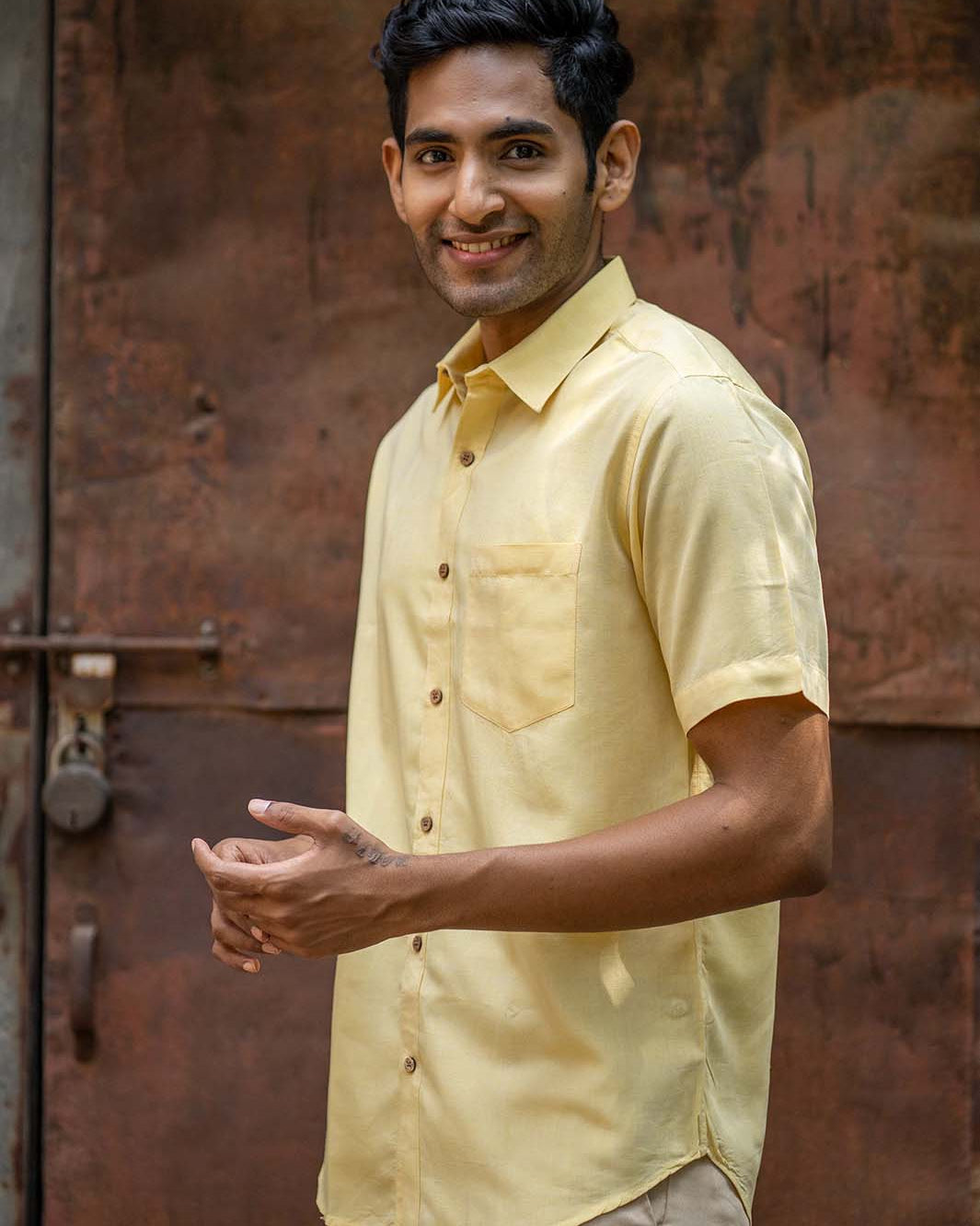 Earthy Route TENCEL- Lyocell Linen Lemon Yellow Half Sleeve Shirt - Our Better Planet