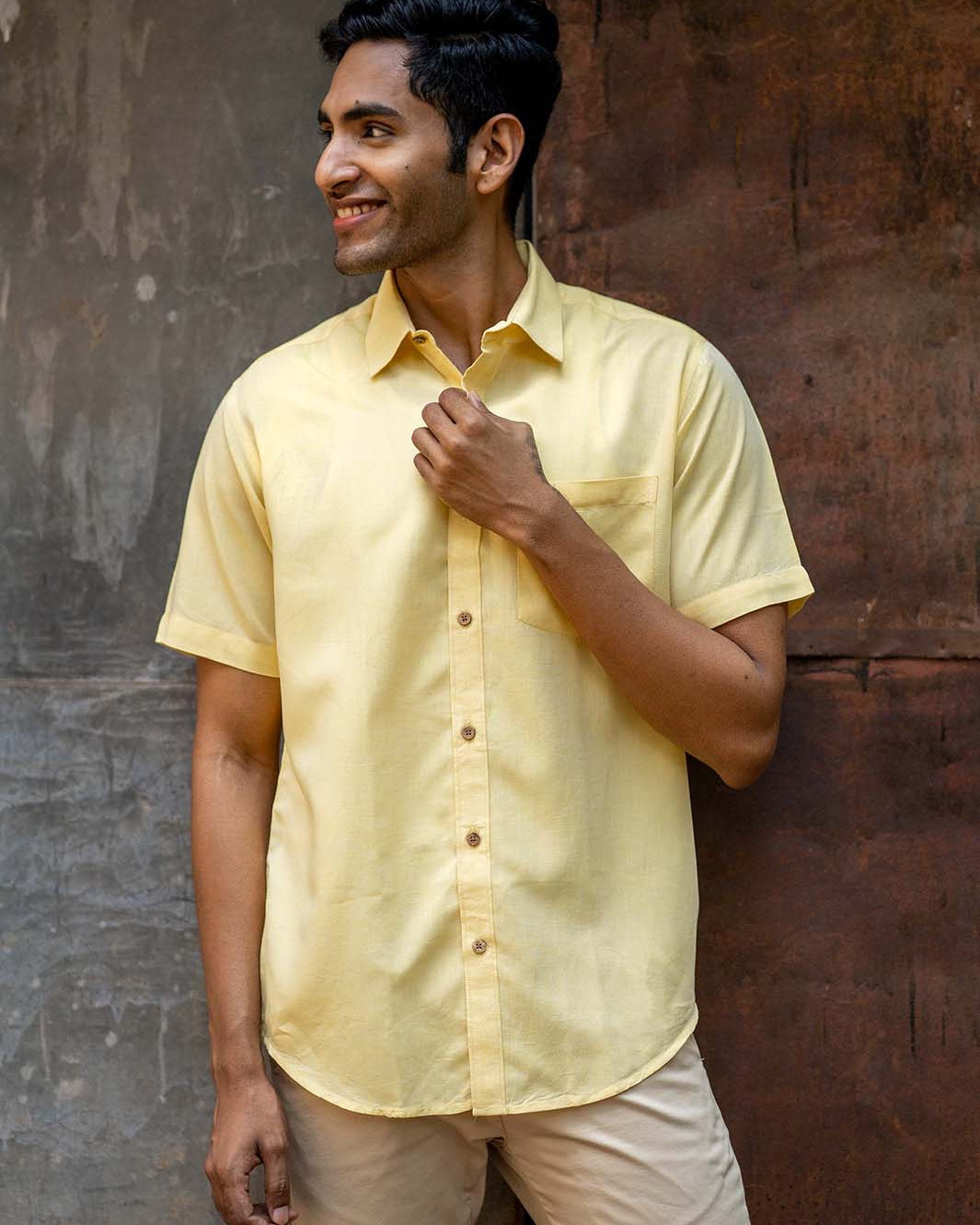 Earthy Route TENCEL- Lyocell Linen Lemon Yellow Half Sleeve Shirt - Our Better Planet