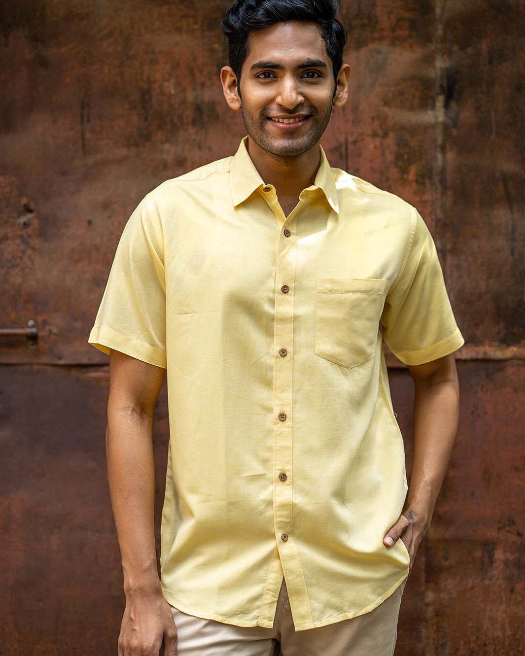 Earthy Route TENCEL- Lyocell Linen Lemon Yellow Half Sleeve Shirt - Our Better Planet