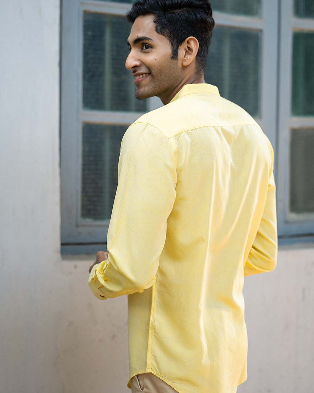 Earthy Route TENCEL- Lyocell Linen Lemon Yellow Mandarin Collar Shirt - Our Better Planet