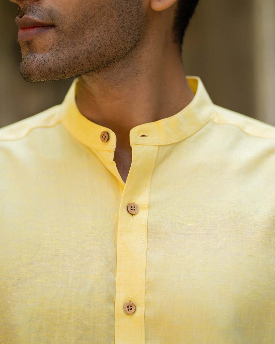 Earthy Route TENCEL- Lyocell Linen Lemon Yellow Mandarin Collar Shirt - Our Better Planet