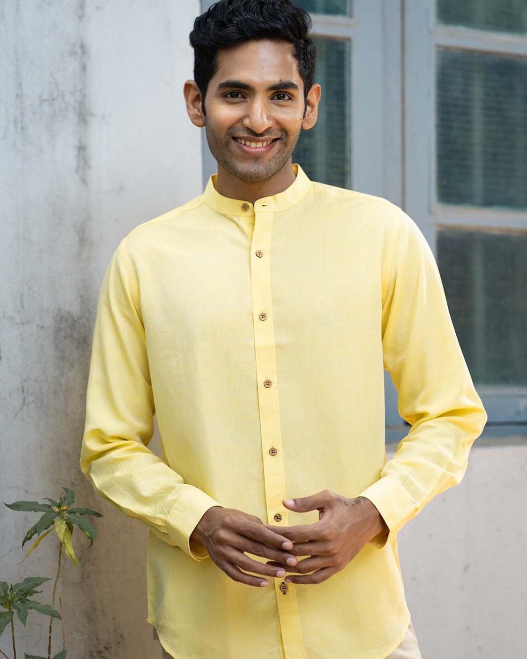 Earthy Route TENCEL- Lyocell Linen Lemon Yellow Mandarin Collar Shirt - Our Better Planet