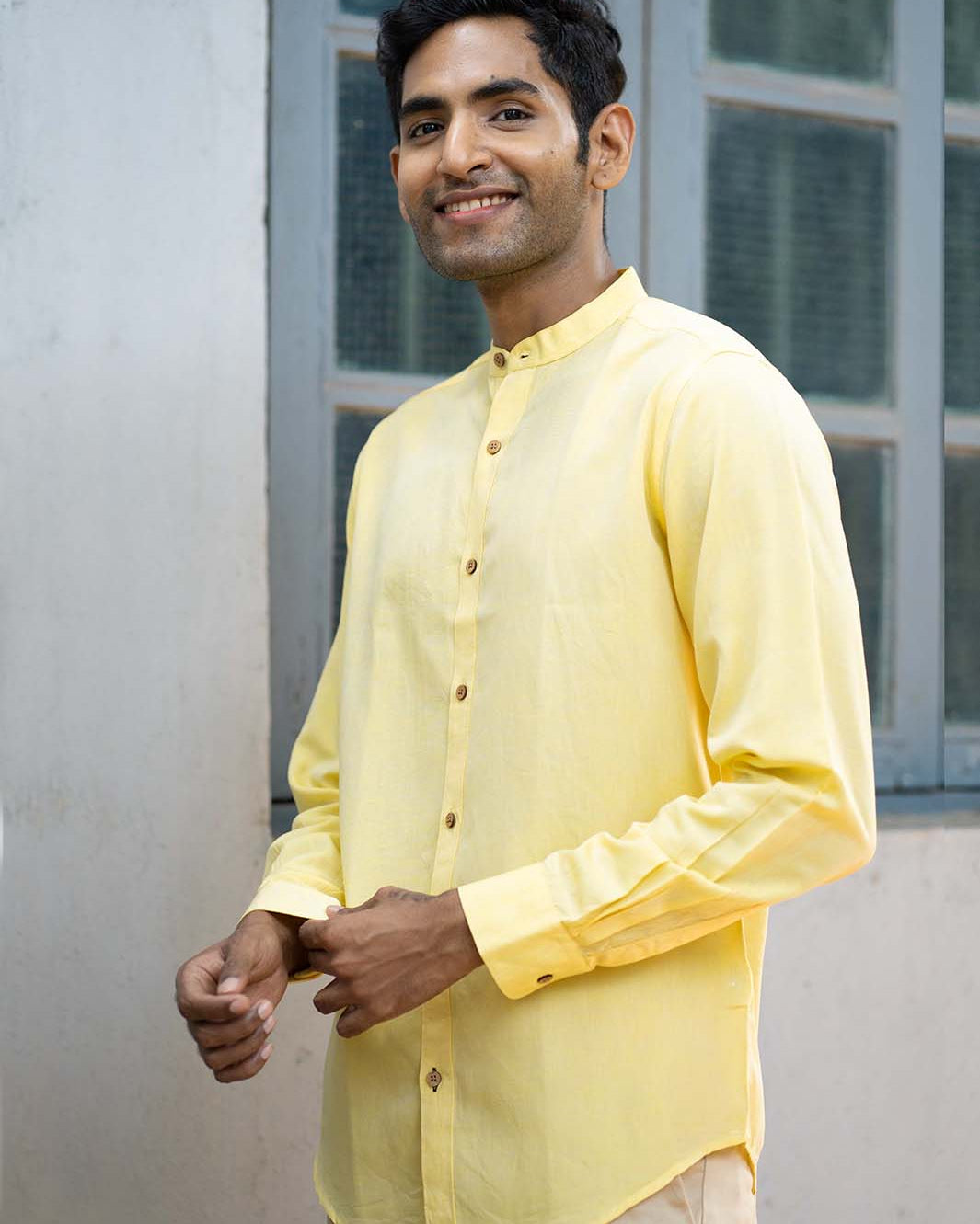 Earthy Route TENCEL- Lyocell Linen Lemon Yellow Mandarin Collar Shirt - Our Better Planet