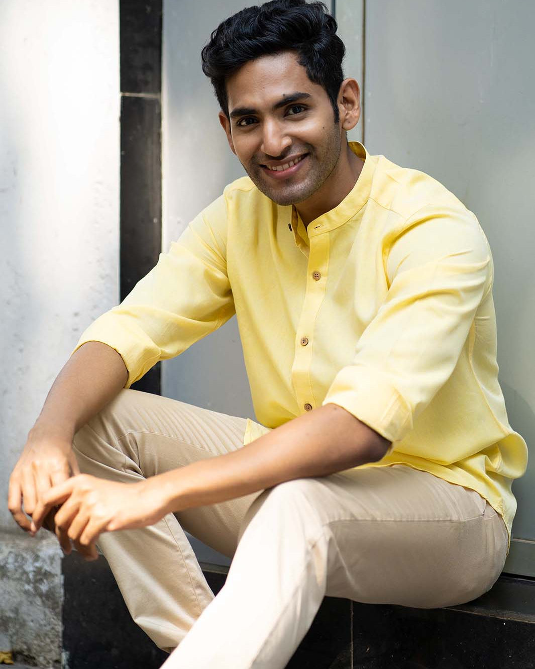 Earthy Route TENCEL- Lyocell Linen Lemon Yellow Mandarin Collar Shirt - Our Better Planet