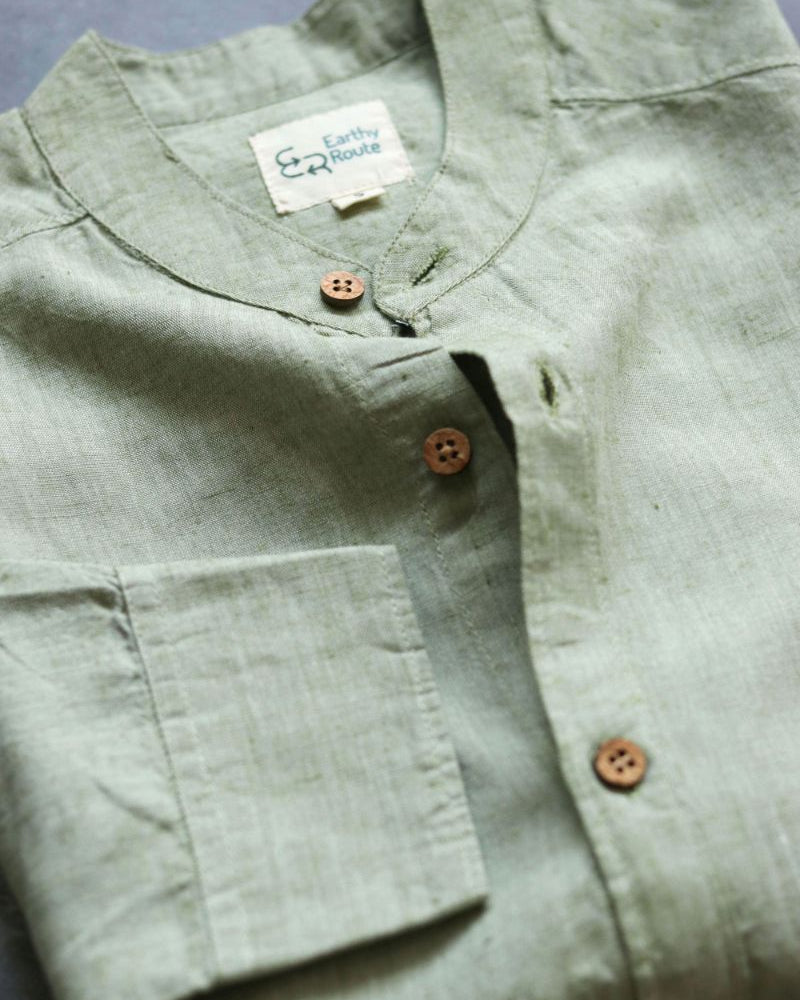 Earthy Route TENCEL- Lyocell Linen Military Green Mandarin Collar Shirt - Our Better Planet