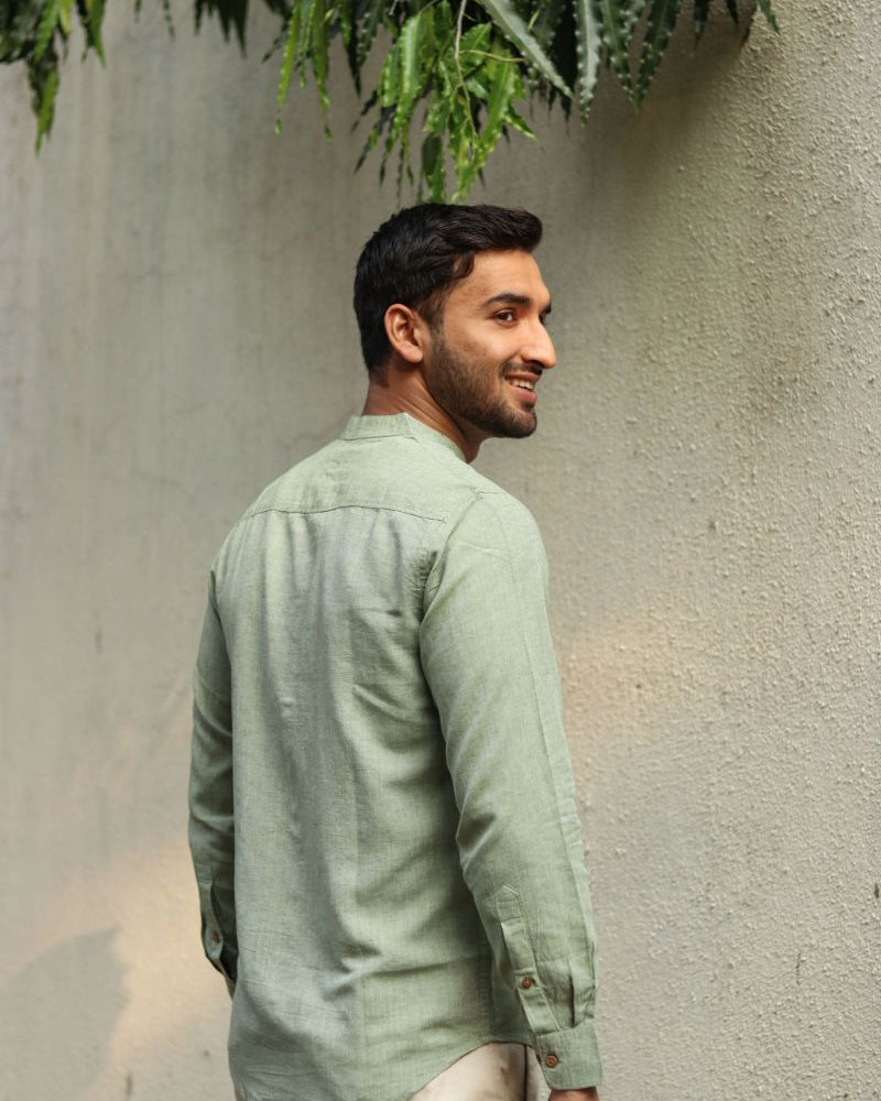 Earthy Route TENCEL- Lyocell Linen Military Green Mandarin Collar Shirt - Our Better Planet