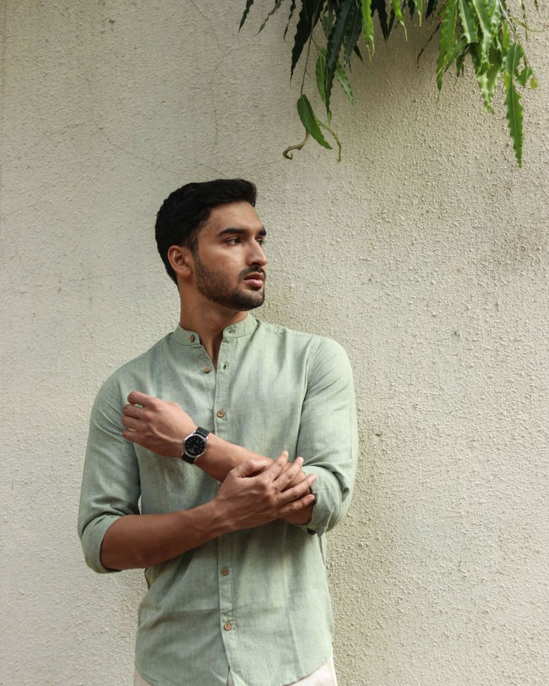 Earthy Route TENCEL- Lyocell Linen Military Green Mandarin Collar Shirt - Our Better Planet