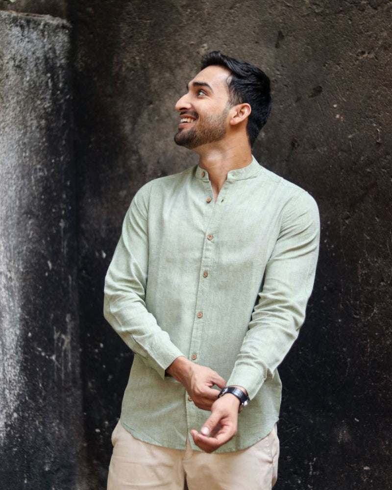 Earthy Route TENCEL- Lyocell Linen Military Green Mandarin Collar Shirt - Our Better Planet