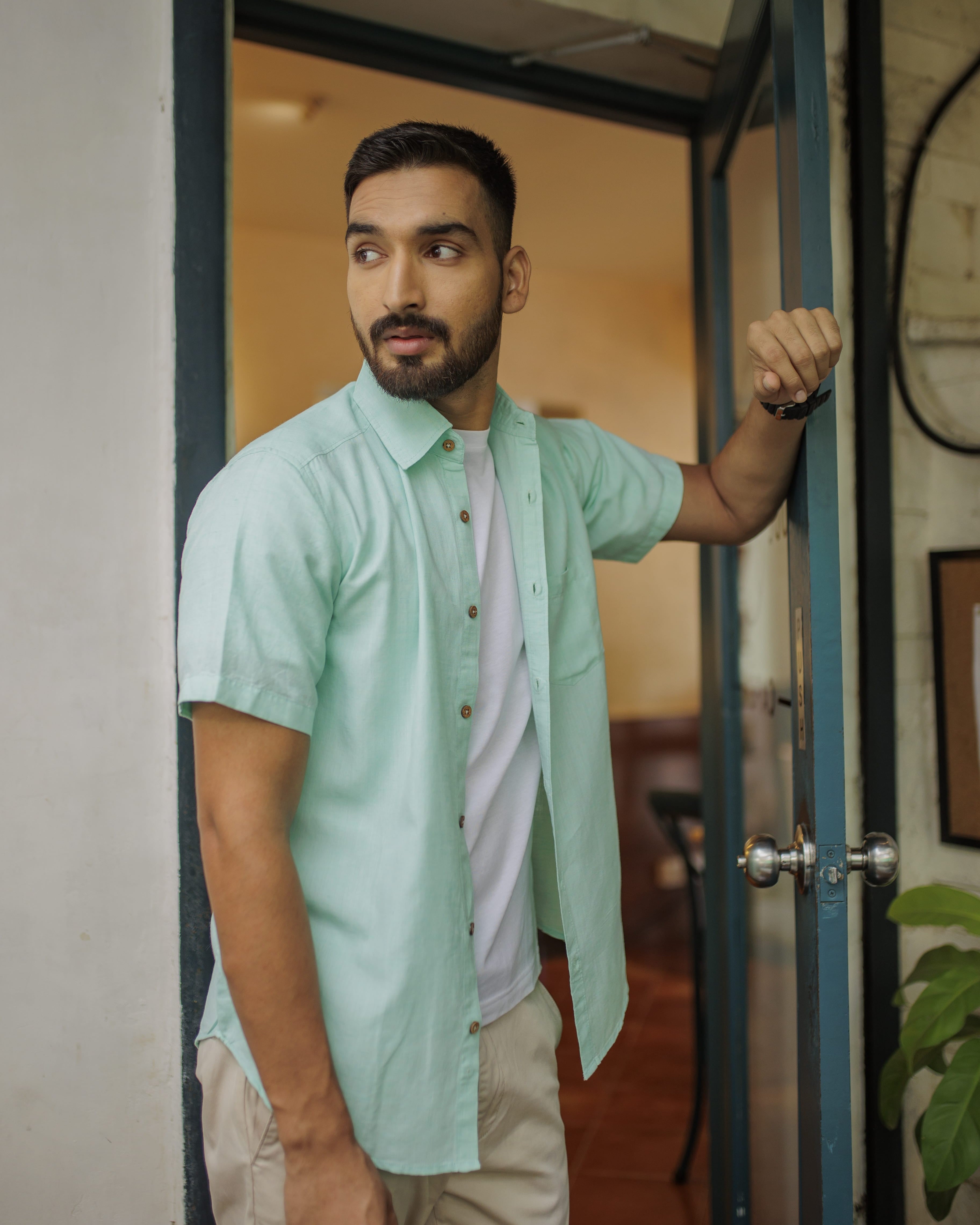 Earthy Route TENCEL- Lyocell Linen Mint Green Half Sleeve Shirt - Our Better Planet