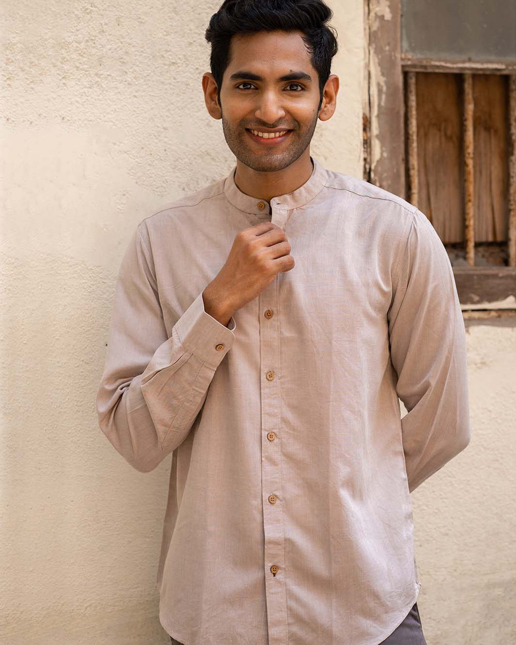 Earthy Route TENCEL- Lyocell Linen Peppercorn Brown Mandarin Collar Shirt - Our Better Planet