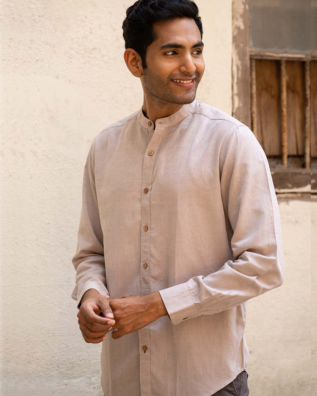 Earthy Route TENCEL- Lyocell Linen Peppercorn Brown Mandarin Collar Shirt - Our Better Planet