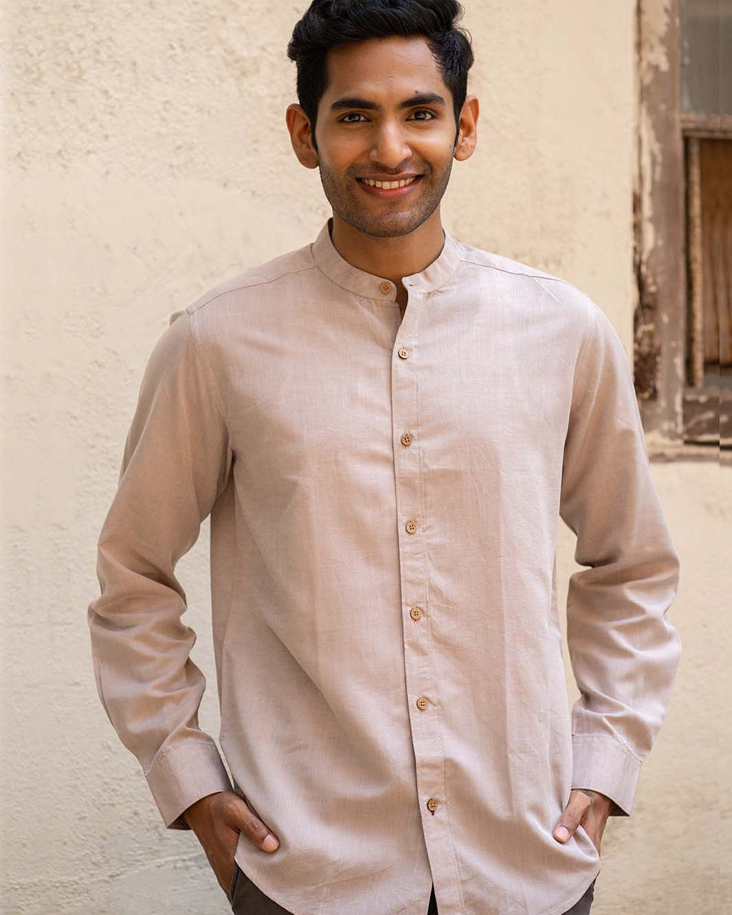 Earthy Route TENCEL- Lyocell Linen Peppercorn Brown Mandarin Collar Shirt - Our Better Planet