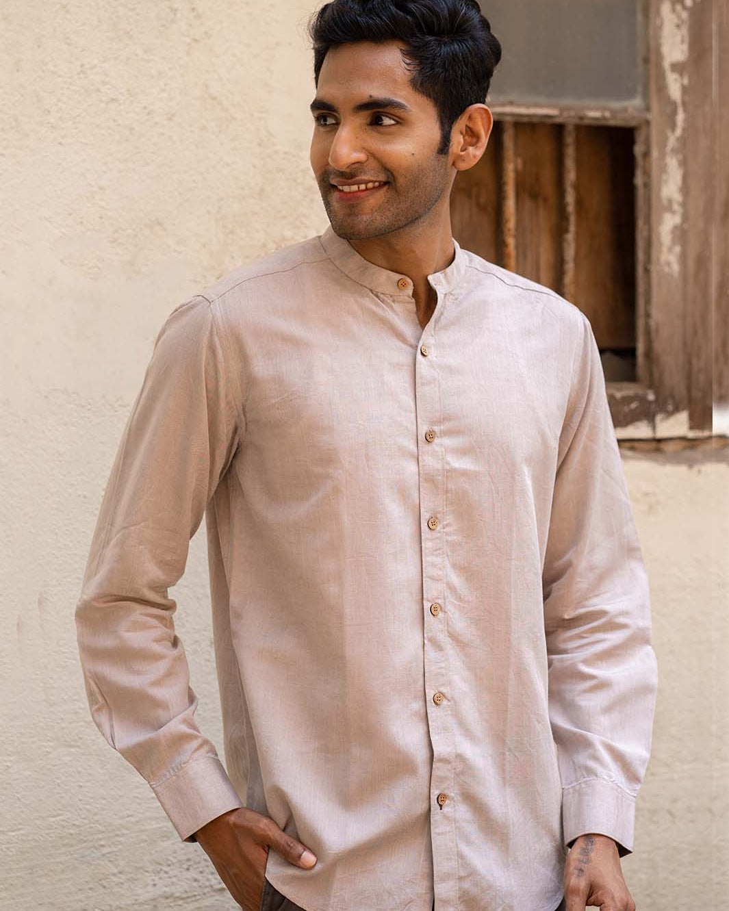 Earthy Route TENCEL- Lyocell Linen Peppercorn Brown Mandarin Collar Shirt - Our Better Planet