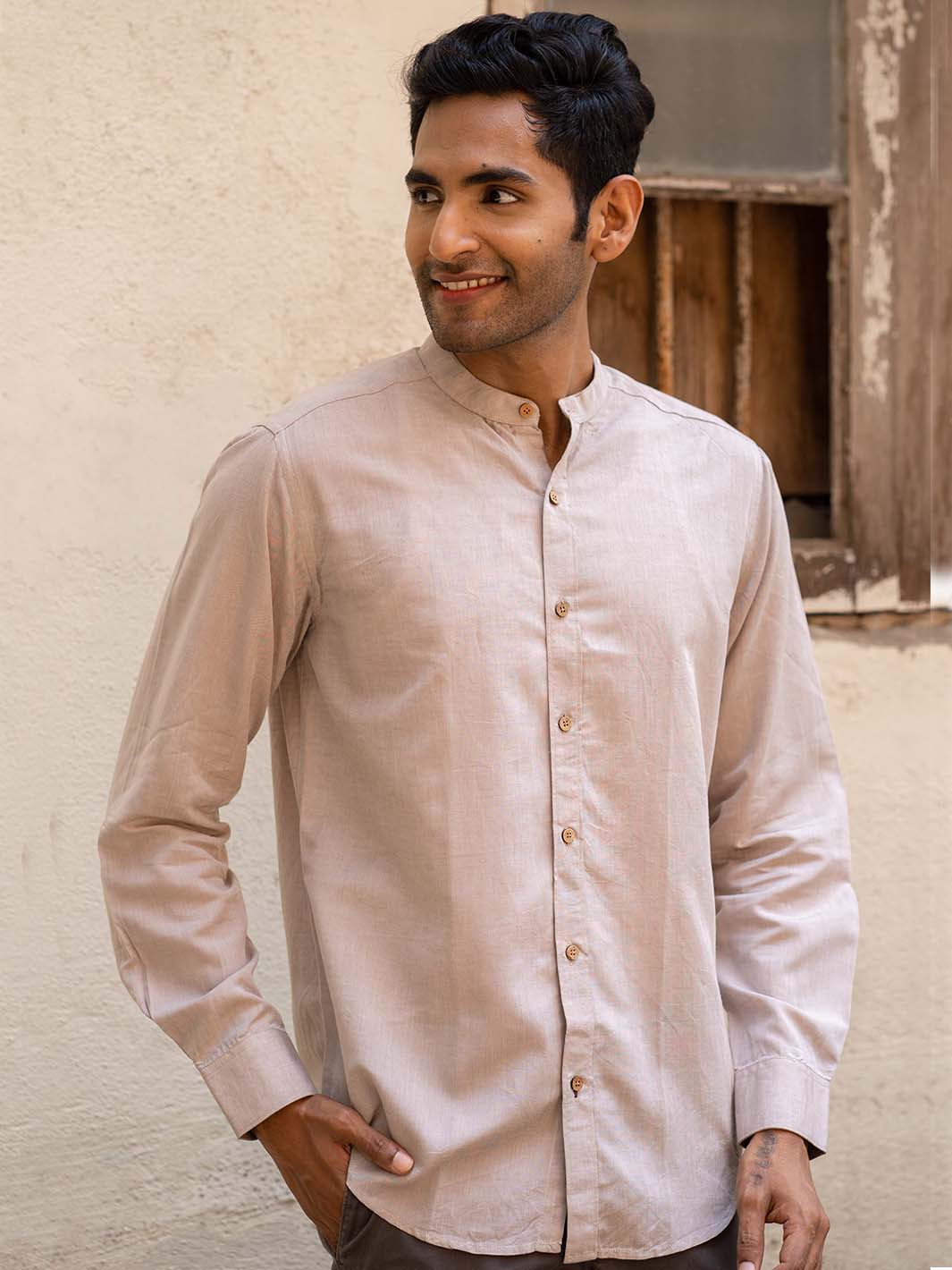 Earthy Route TENCEL- Lyocell Linen Peppercorn Brown Mandarin Collar Shirt - Our Better Planet
