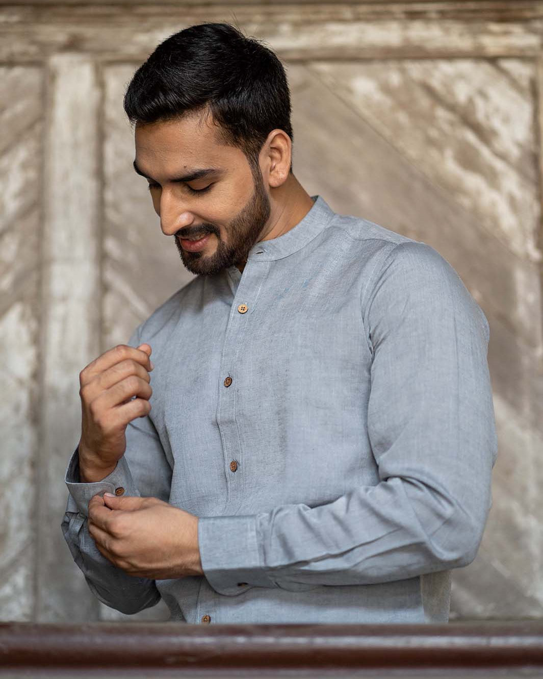 Earthy Route TENCEL- Lyocell Linen Slate Grey Mandarin Collar Shirt - Our Better Planet