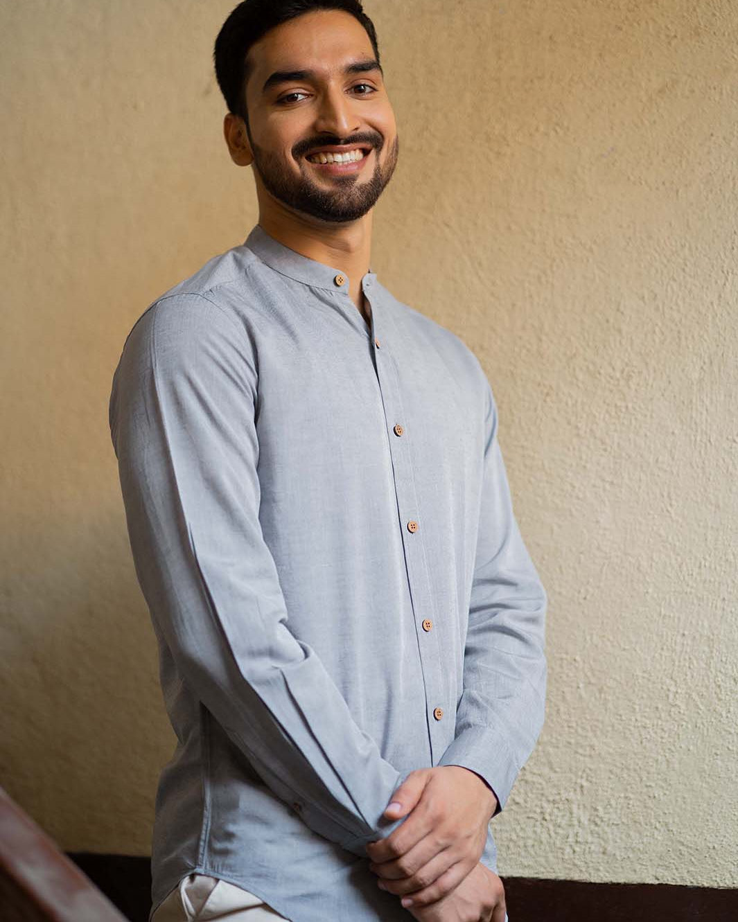 Earthy Route TENCEL- Lyocell Linen Slate Grey Mandarin Collar Shirt - Our Better Planet