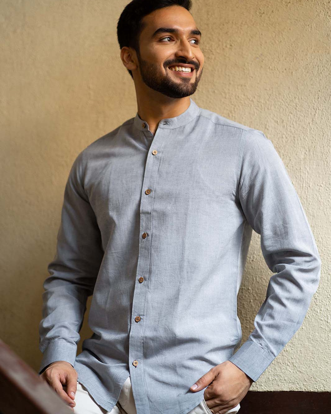 Earthy Route TENCEL- Lyocell Linen Slate Grey Mandarin Collar Shirt - Our Better Planet