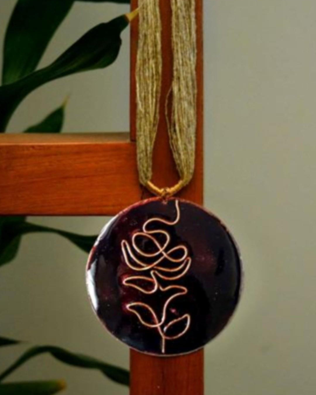 Ekibeki Black rose copper enamel pendentwith jute adjustable string - Our Better Planet