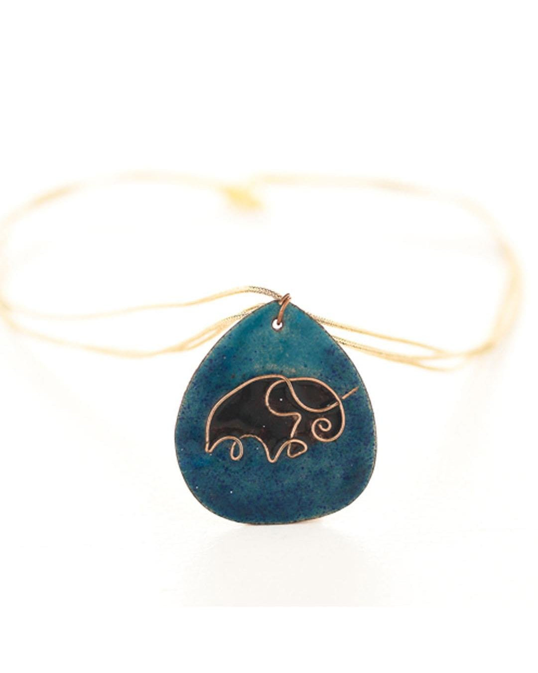 Ekibeki Blue elephant copper enamel pendent with cotton string - Our Better Planet