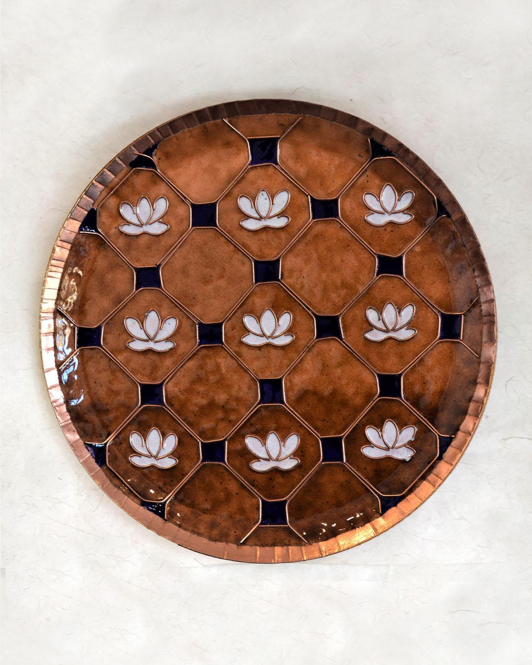 Ekibeki Copper Enamel Wall Plate Brown lotus in a jali - Our Better Planet