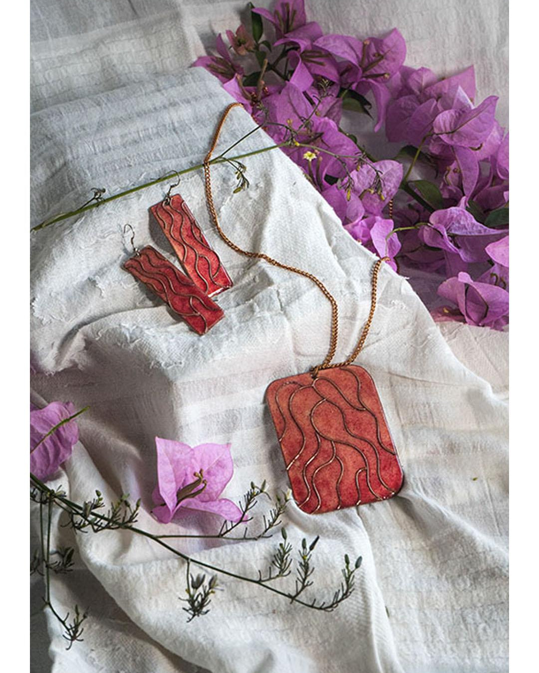 Ekibeki Copper Enameling Wave pendant set by Ekibeki in Pink - Our Better Planet