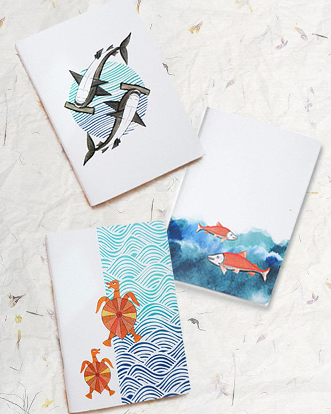 Ekibeki Ekibeki Ocean Series notebokes in collaboration with tradational Patchitra artisan Rupsona - Set of 3 - A5 notebooks - 3 designs - Our Better Planet