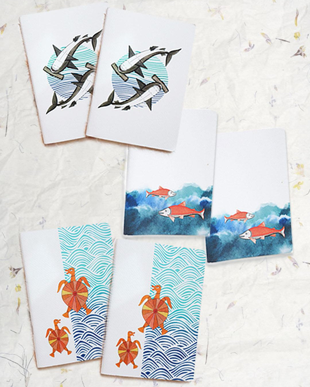 Ekibeki Ekibeki Ocean Series notebokes in collaboration with tradational Patchitra artisan Rupsona - Set of 6 - A6 notebooks - 3 designs - Our Better Planet