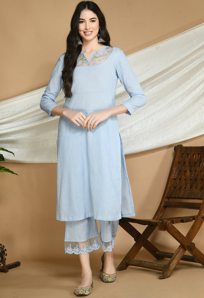 Frost Blue Self Striped Cotton Kurta and Pants. - Our Better Planet