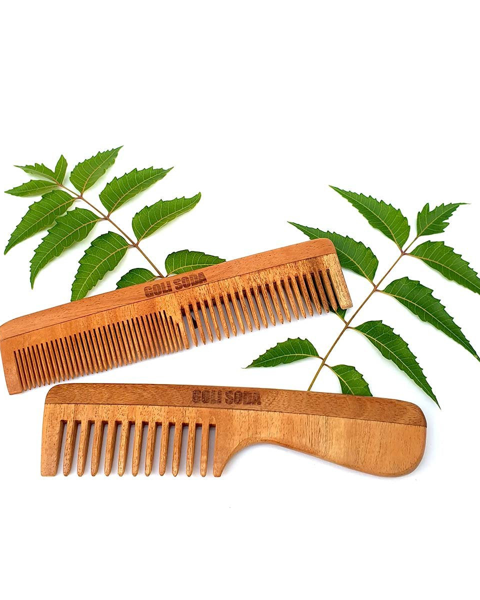 Goli Soda Neem Wood Combs - Wide Tooth with Handle & Double Tooth (Set of 2) - Our Better Planet