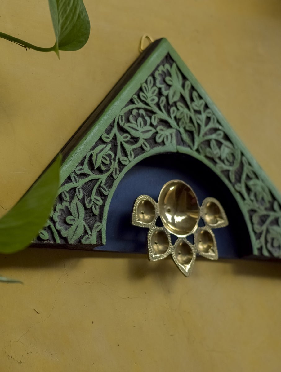 HANDPAINTED BLUE GREEN ANTIQUE BRASS PANCHARATI VINTAGE WOODEN WALLART - Our Better Planet