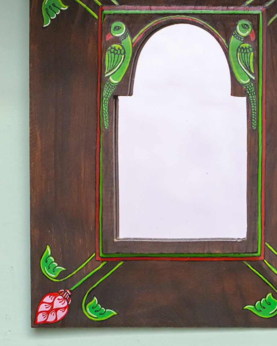 HANDPAINTED PARROT PATTACHITRA MIRROR WITH VINTAGE WOODEN FRAME - Our Better Planet