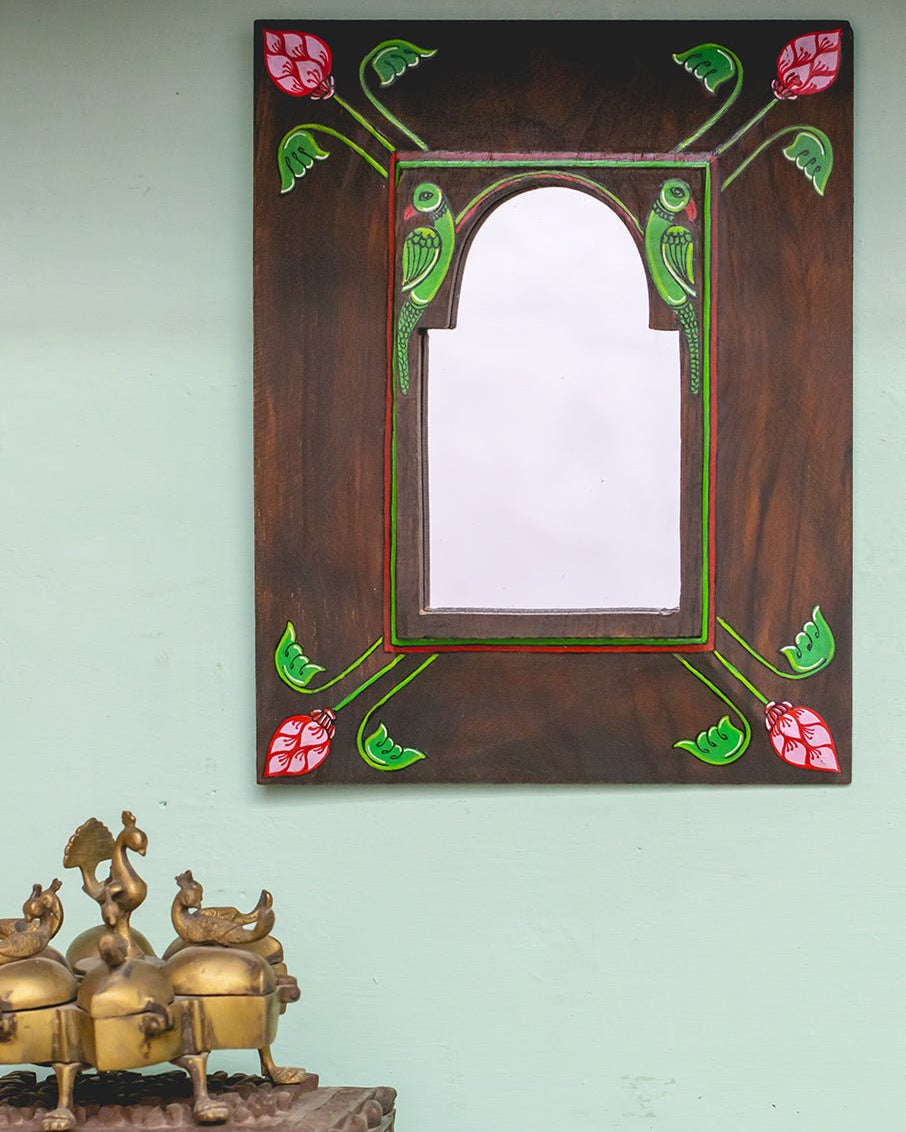 HANDPAINTED PARROT PATTACHITRA MIRROR WITH VINTAGE WOODEN FRAME - Our Better Planet