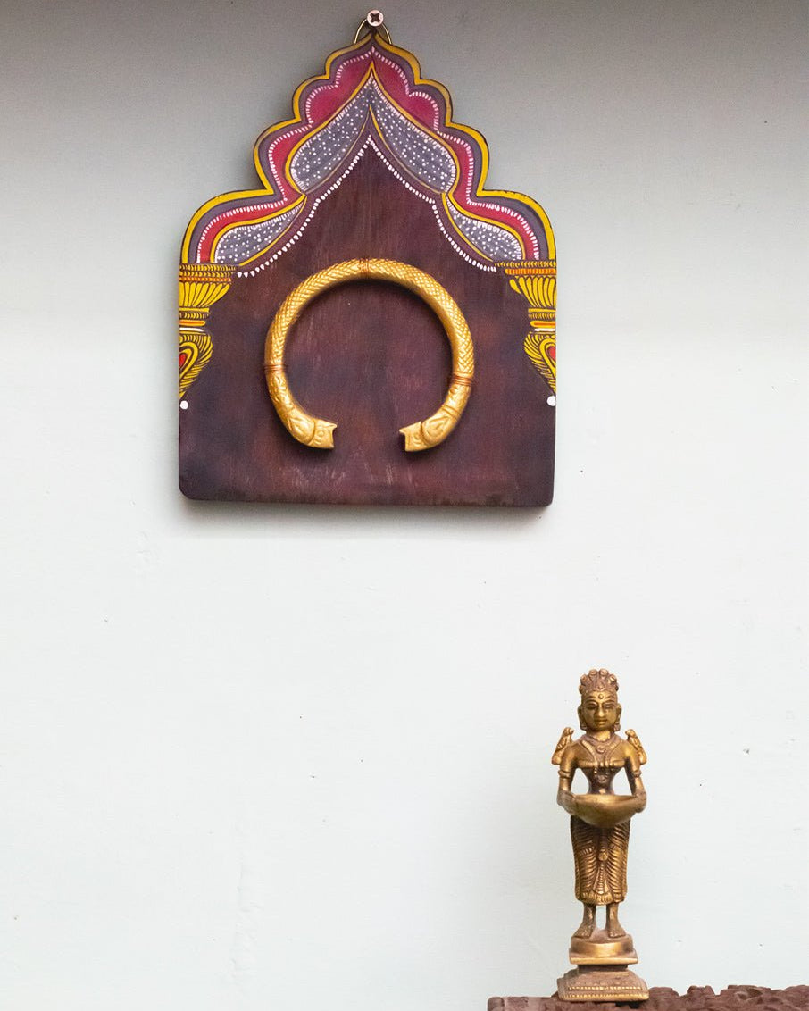 HANDPAINTED YELLOW RED MINIATURE ANTIQUE VINTAGE WOODEN WALLART WITH BRASS ORNAMENT - Our Better Planet