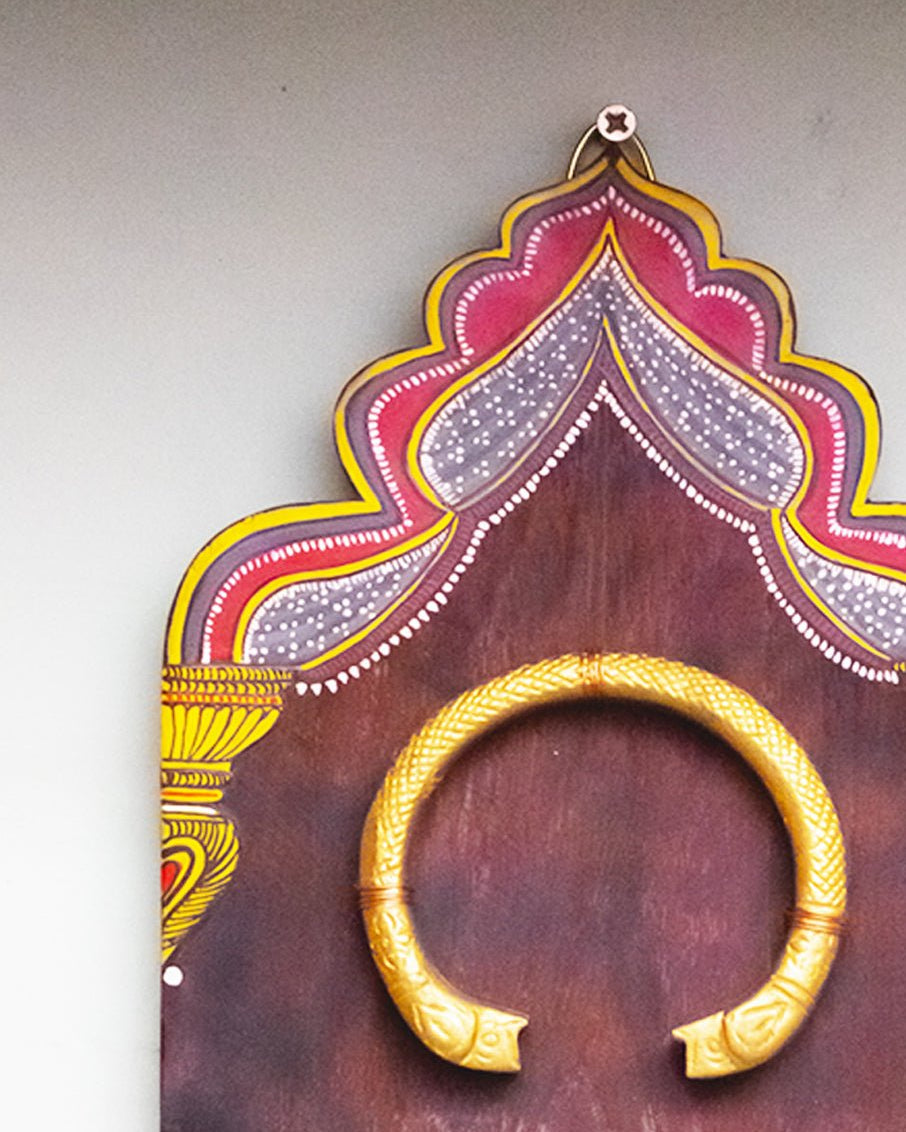 HANDPAINTED YELLOW RED MINIATURE ANTIQUE VINTAGE WOODEN WALLART WITH BRASS ORNAMENT - Our Better Planet