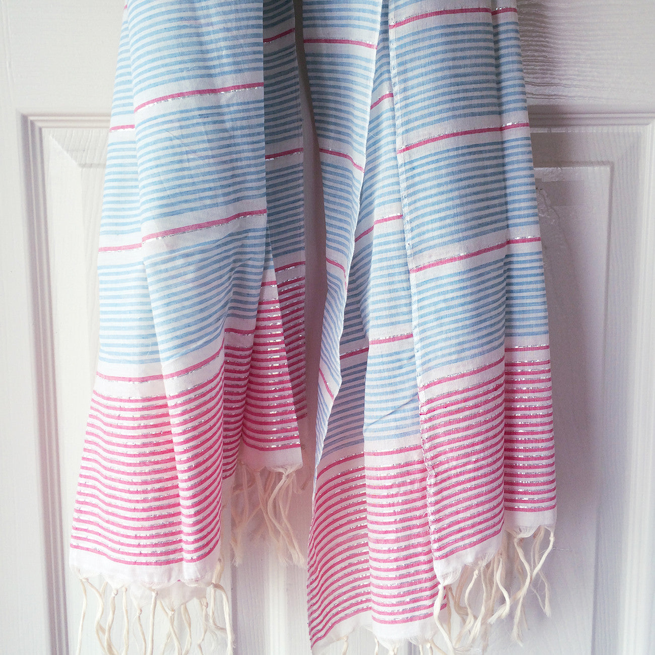 Powder Blue, Rose and Silver Metallic Stripe Scarf - Kara Weaves
 - 3