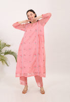 BLUSH: Kota doria embroidered women kurta set
