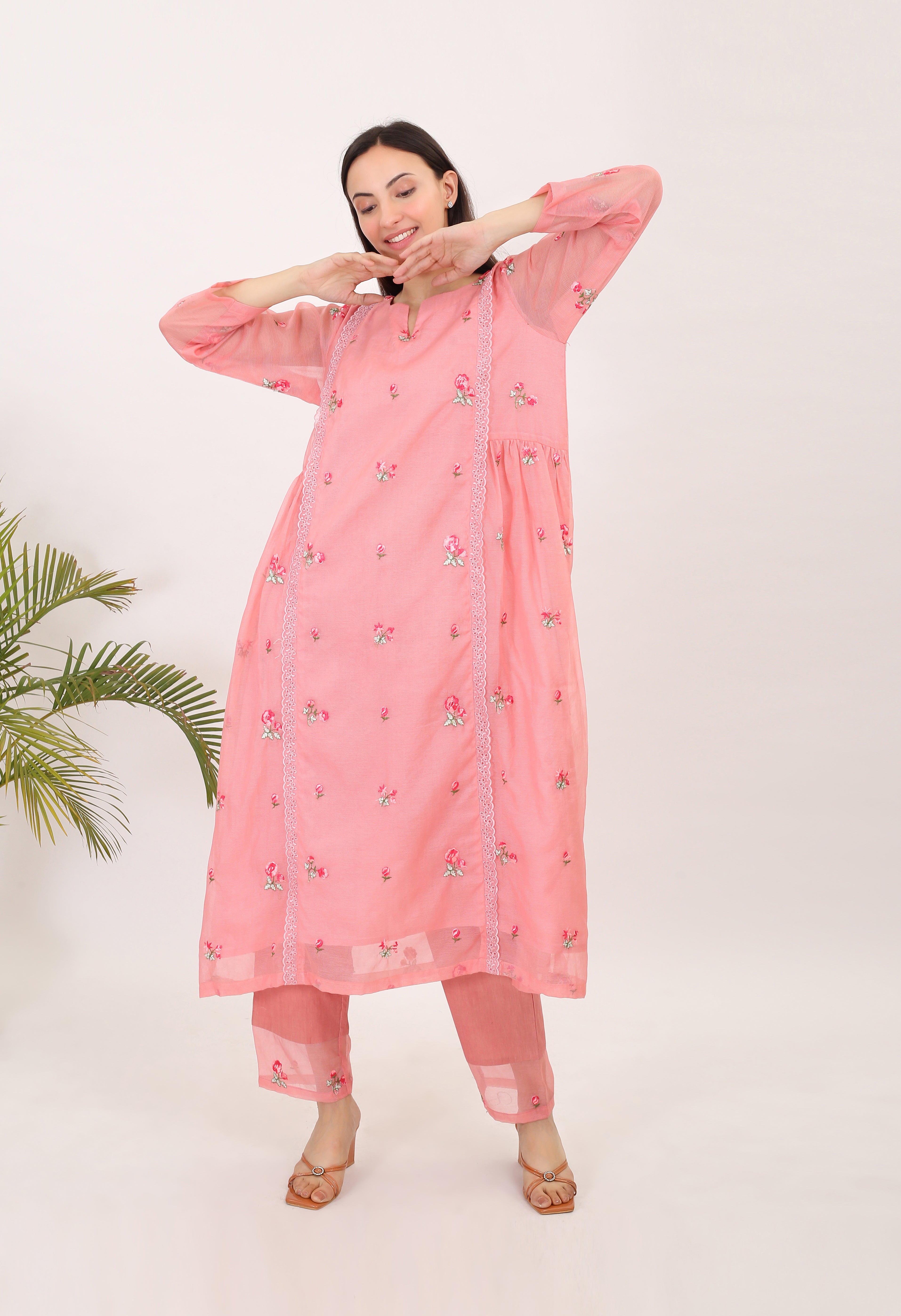 BLUSH: Kota doria embroidered women kurta set