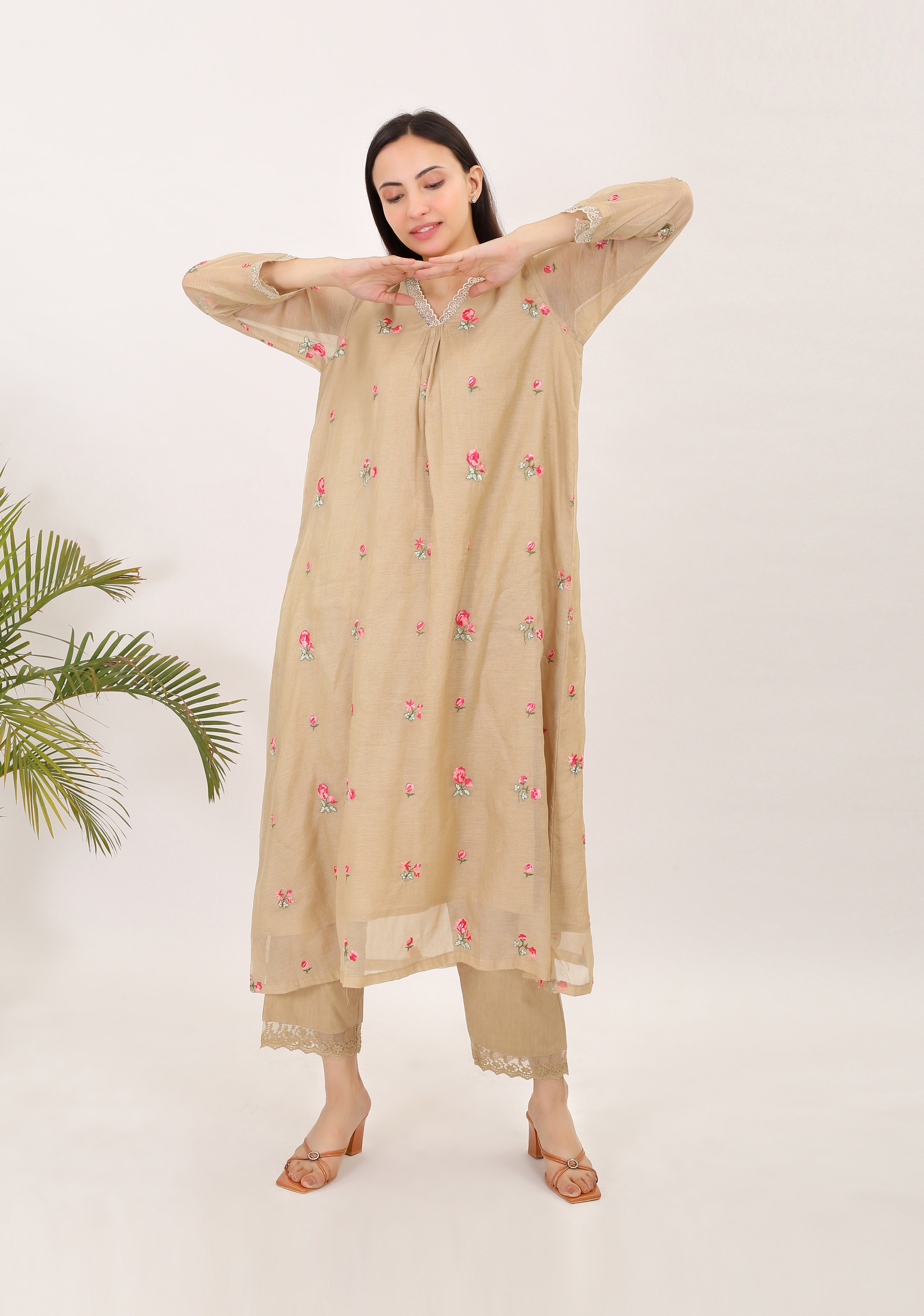 THE BEIGE BLOSSOMS: Kota doria embroidered women kurta set