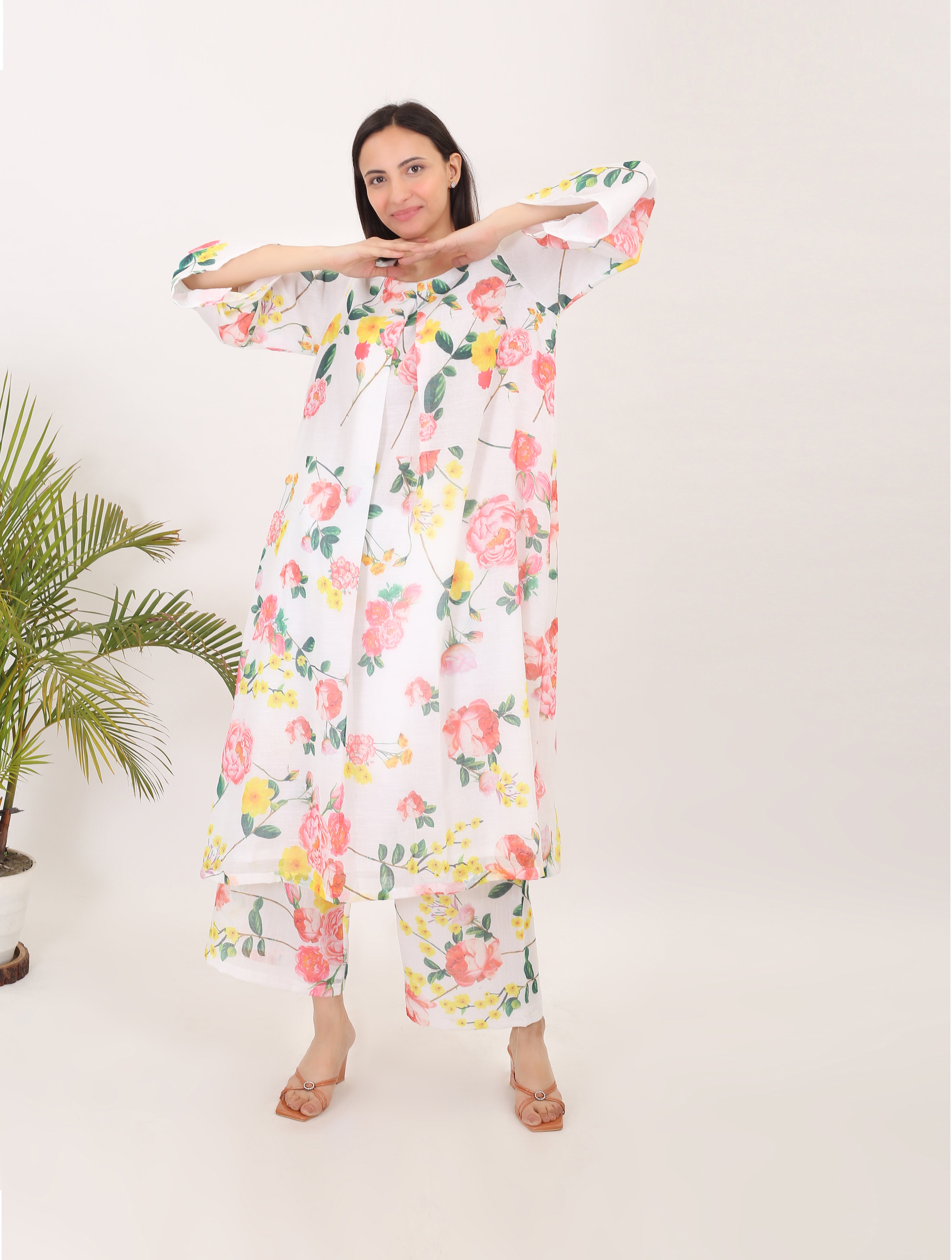 A WALK IN BLOOMS: Cotton linen printed summer women kurta set