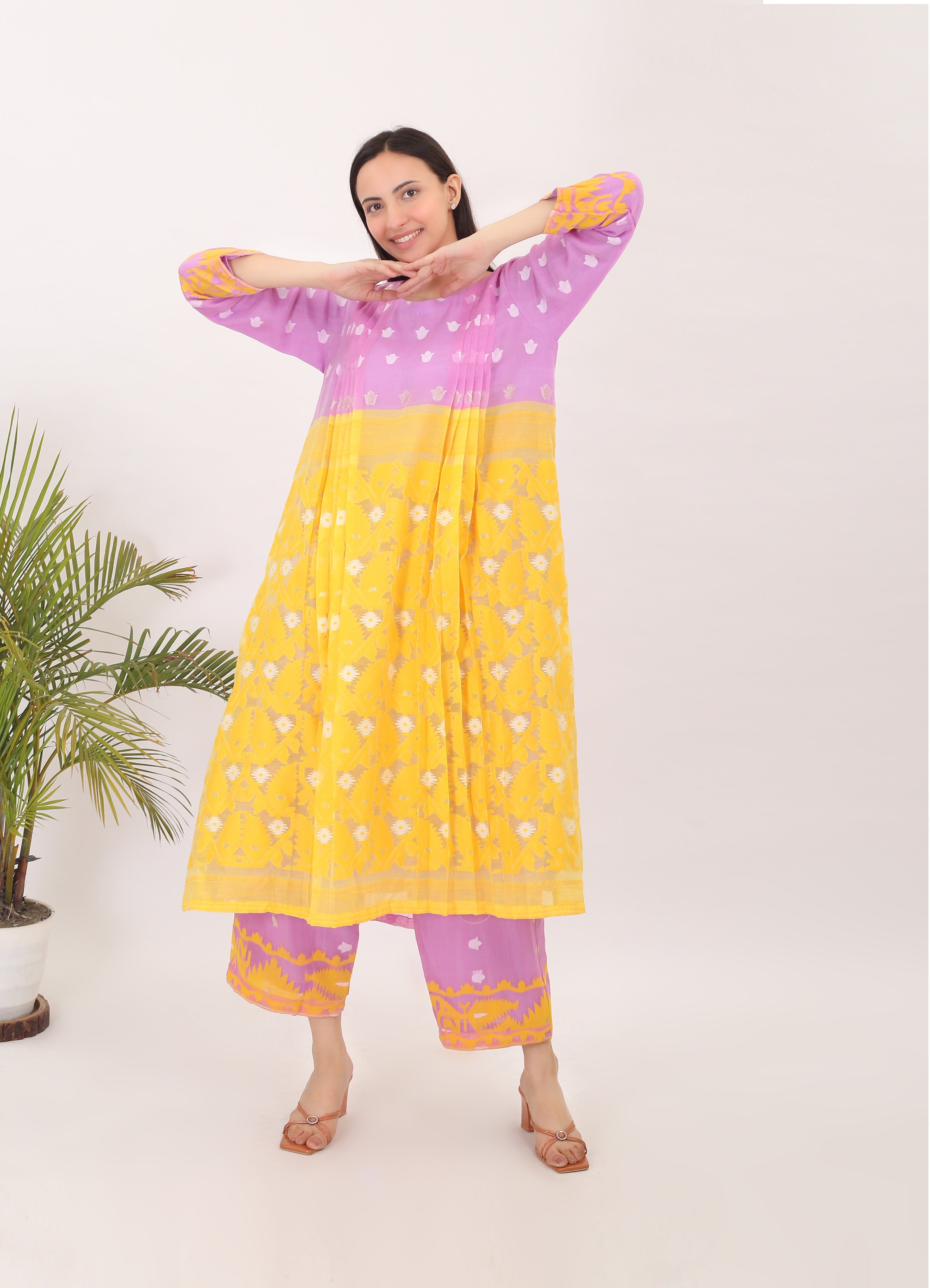 HELLO SUNSHINE: Yellow pink handwoven Jamdani women kurta set