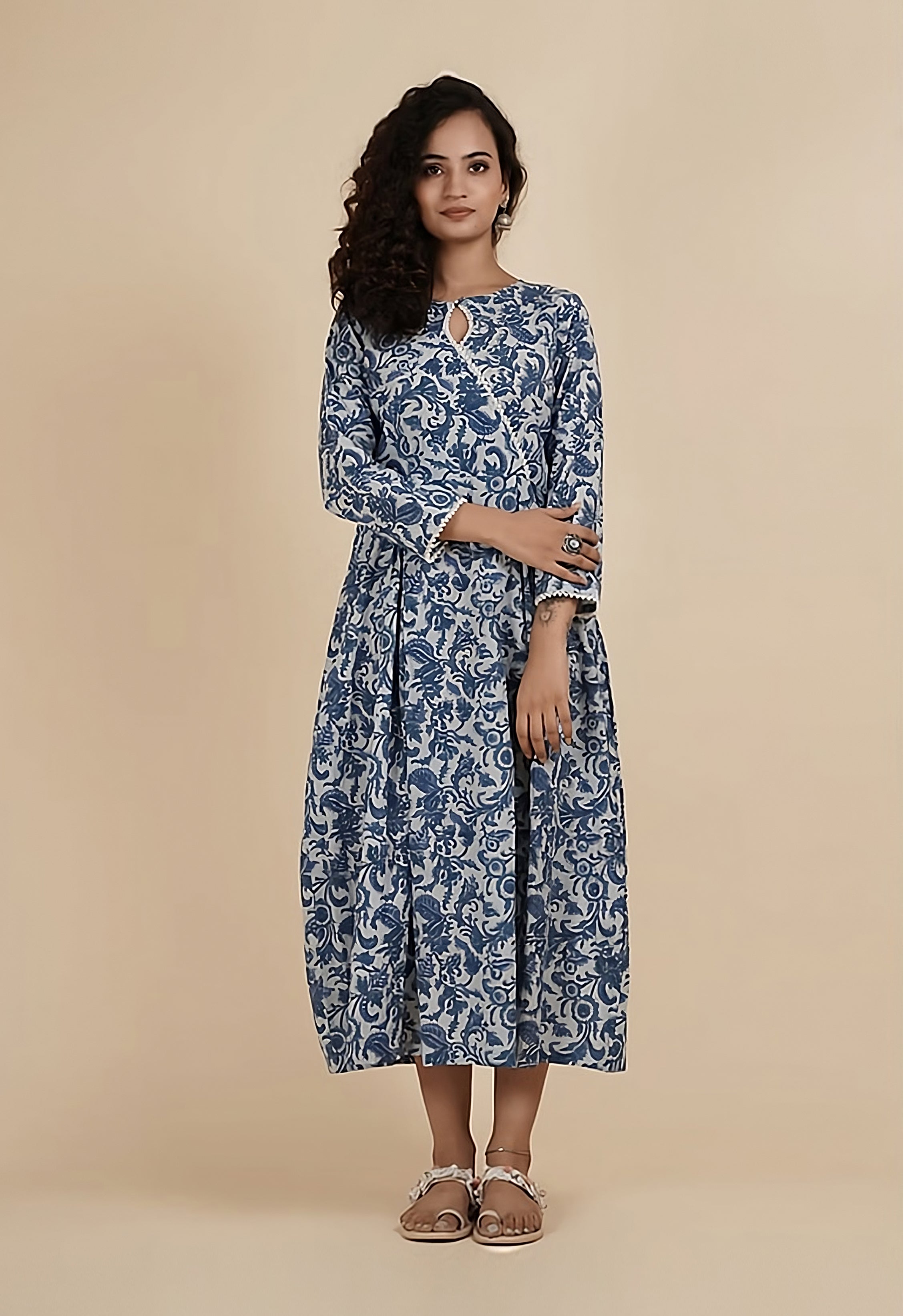 THE BLUE FLOWER: Hand block printed cotton dress with pearl detail