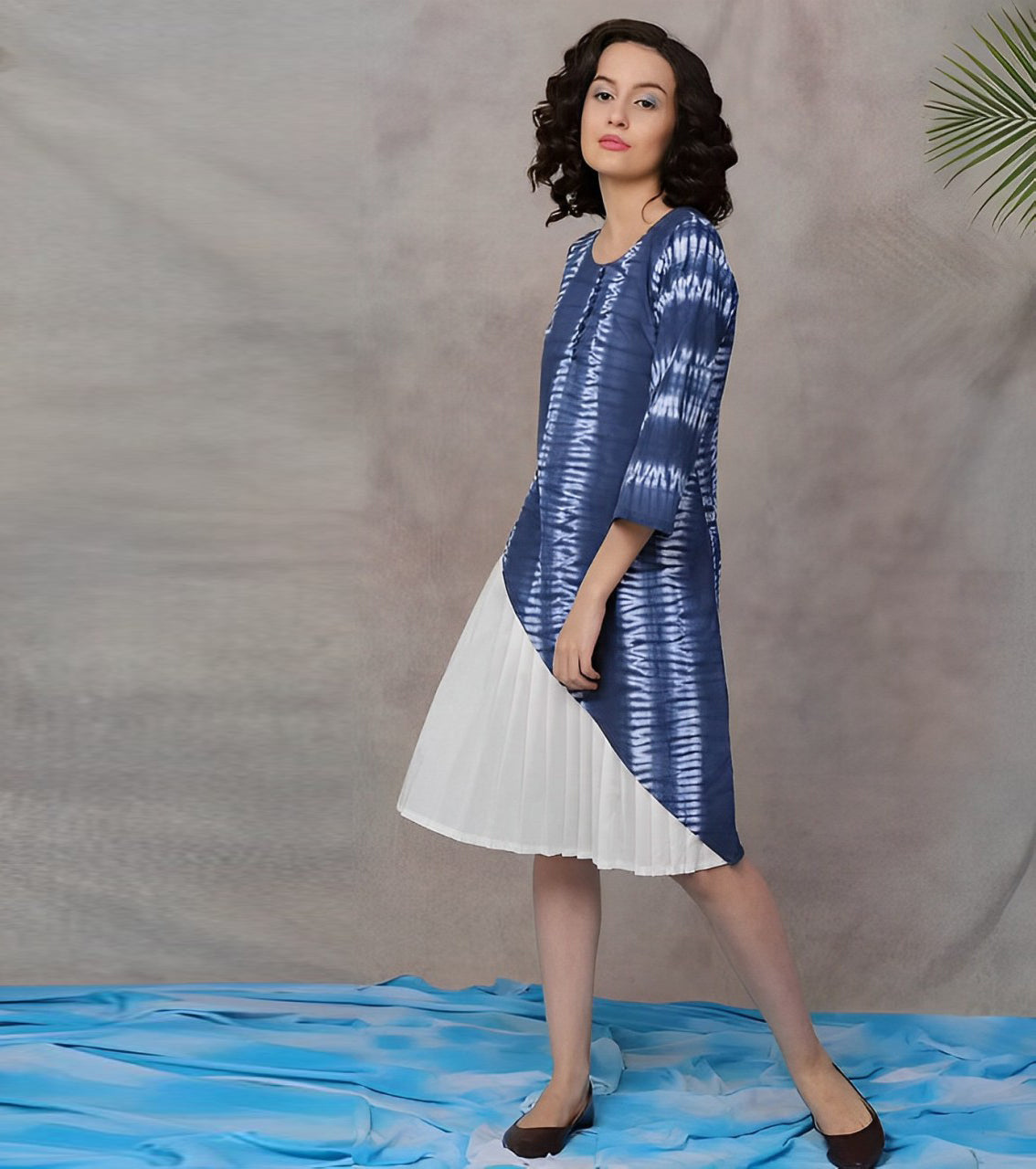 AZURE DRESS: Hand shibori cotton women pleated dress