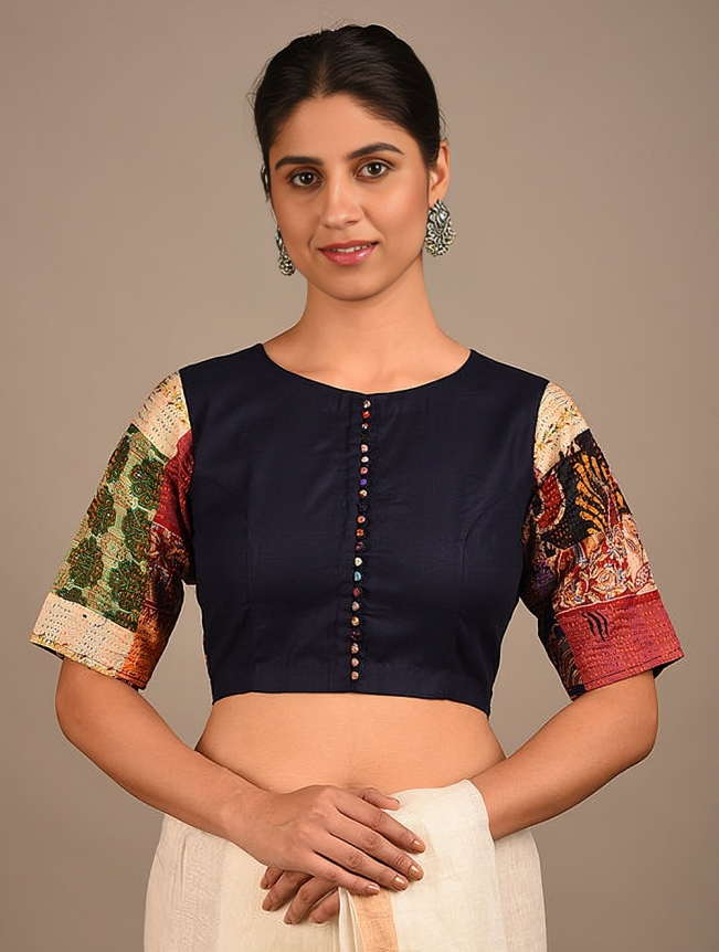 NEEL: Navy Blue Kantha Patchwork Blouse for Saree