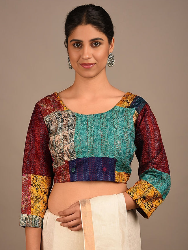 RANGEEN: Hand-embroidered Kantha saree blouse