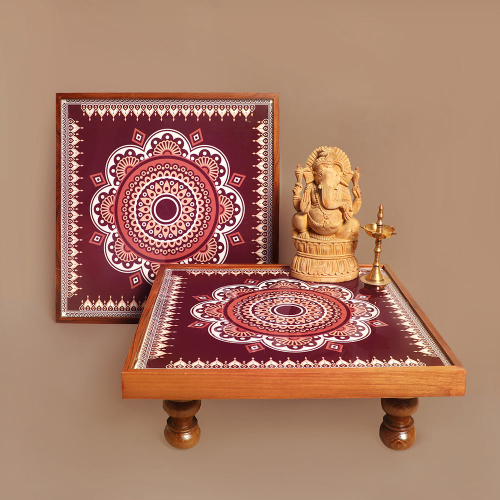 Enrich your living space with the allure of the Traditional Maroon Mandala Bajot. Crafted from Teak Wood and adorned with Serenity Mandala Art, this versatile piece serves as a decorative element, perfect for home decor, Pooja ceremonies, festive decorations, and as a sacred space to place god idols.