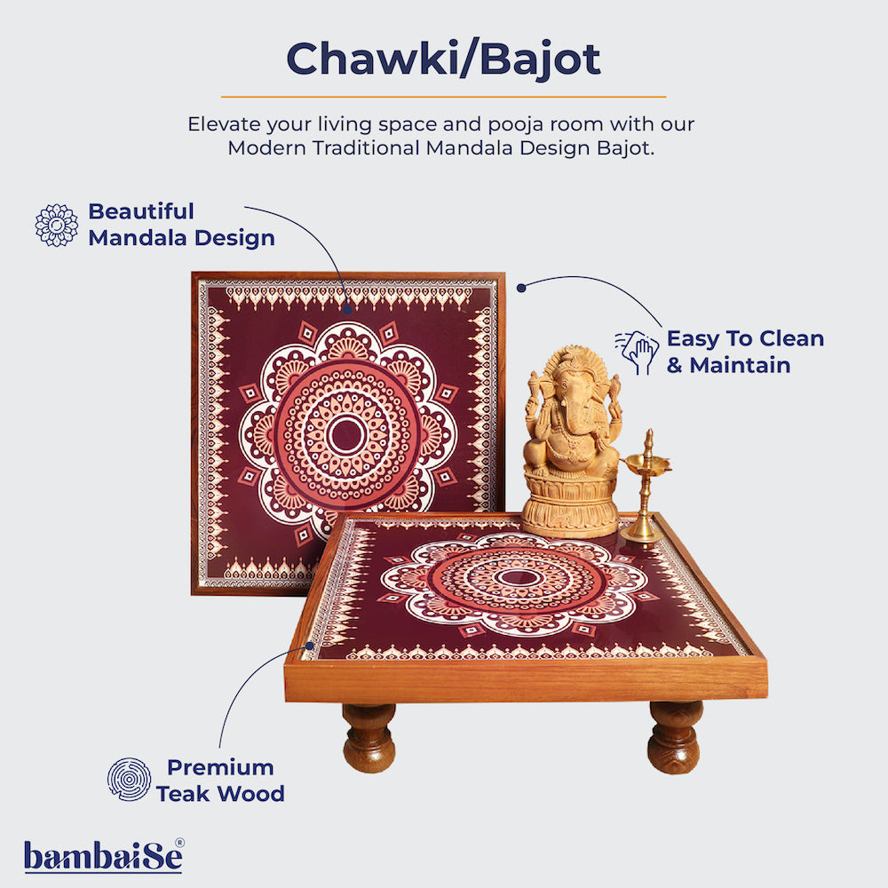 Imbue your home with cultural charm using the Traditional Maroon Mandala Bajot. Made from Teak Wood with Serenity Mandala Art, this piece, known as Chowki or Pattla in various cultures, enhances your decor, Pooja rituals, and festive settings, providing an elegant platform for god idols.