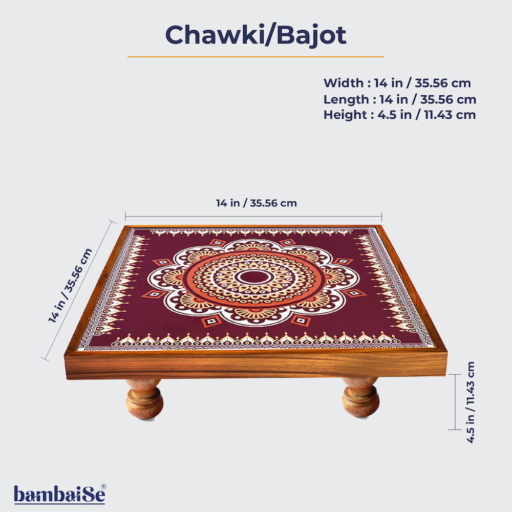Transform your home with the Traditional Maroon Mandala Bajot, a Teak Wood creation featuring Serenity Mandala Art. Versatile in its use for home decoration, Pooja ceremonies, and festive decor, this piece, referred to as Chowki or Pattla, adds cultural significance and elegance to your space.
