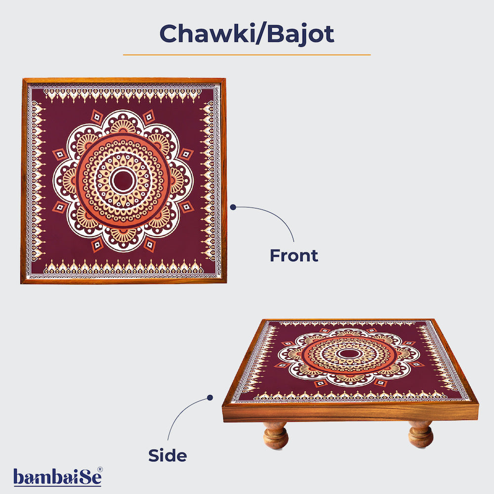 Introducing the Traditional Maroon Mandala Bajot ‰ÛÒ a Teak Wood masterpiece with Serenity Mandala Art. Embrace cultural diversity with this piece, also recognized as Chowki or Pattla, enhancing your home decor, Pooja ambiance, and festive decorations with its artistic and sacred appeal.