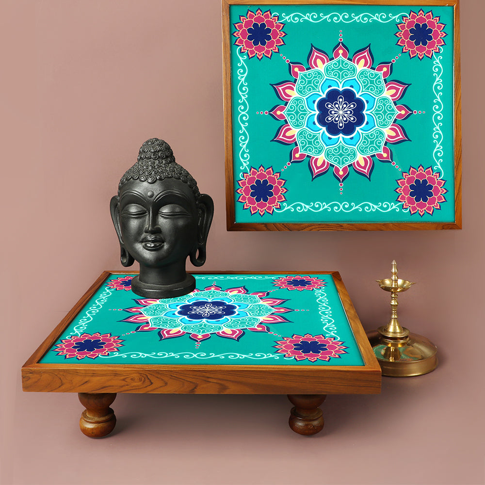 Immerse your space in the aura of the Bajot Aquamarine Mandala, a Teak Wood marvel designed for decor, pooja, and spiritual ambiance. Known as Chowki or Pattla in various cultures, this piece, adorned with Serenity Mandala Art, creates a serene haven for placing god idols.